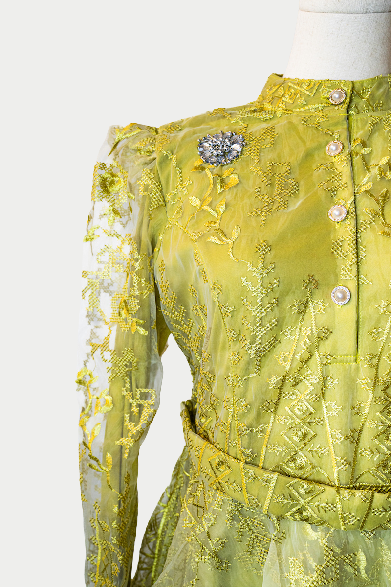 Buttoned Dress with Layers and Embroidery in Lemon Yellow