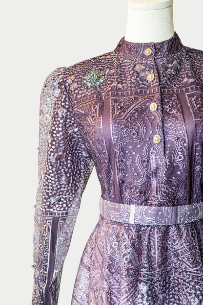 Buttoned Dress with Pearls and Embroidery in Purple