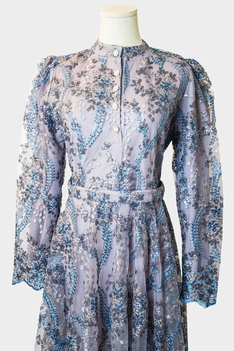 Buttoned Dress with Sequins and Blue Embroidery in Purple