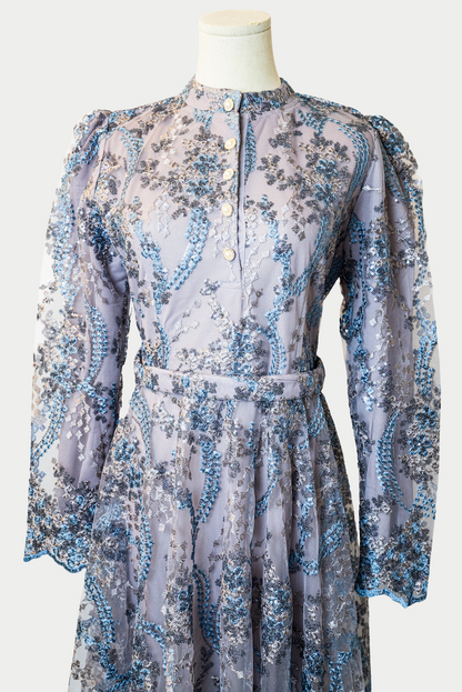 Buttoned Dress with Sequins and Blue Embroidery in Purple