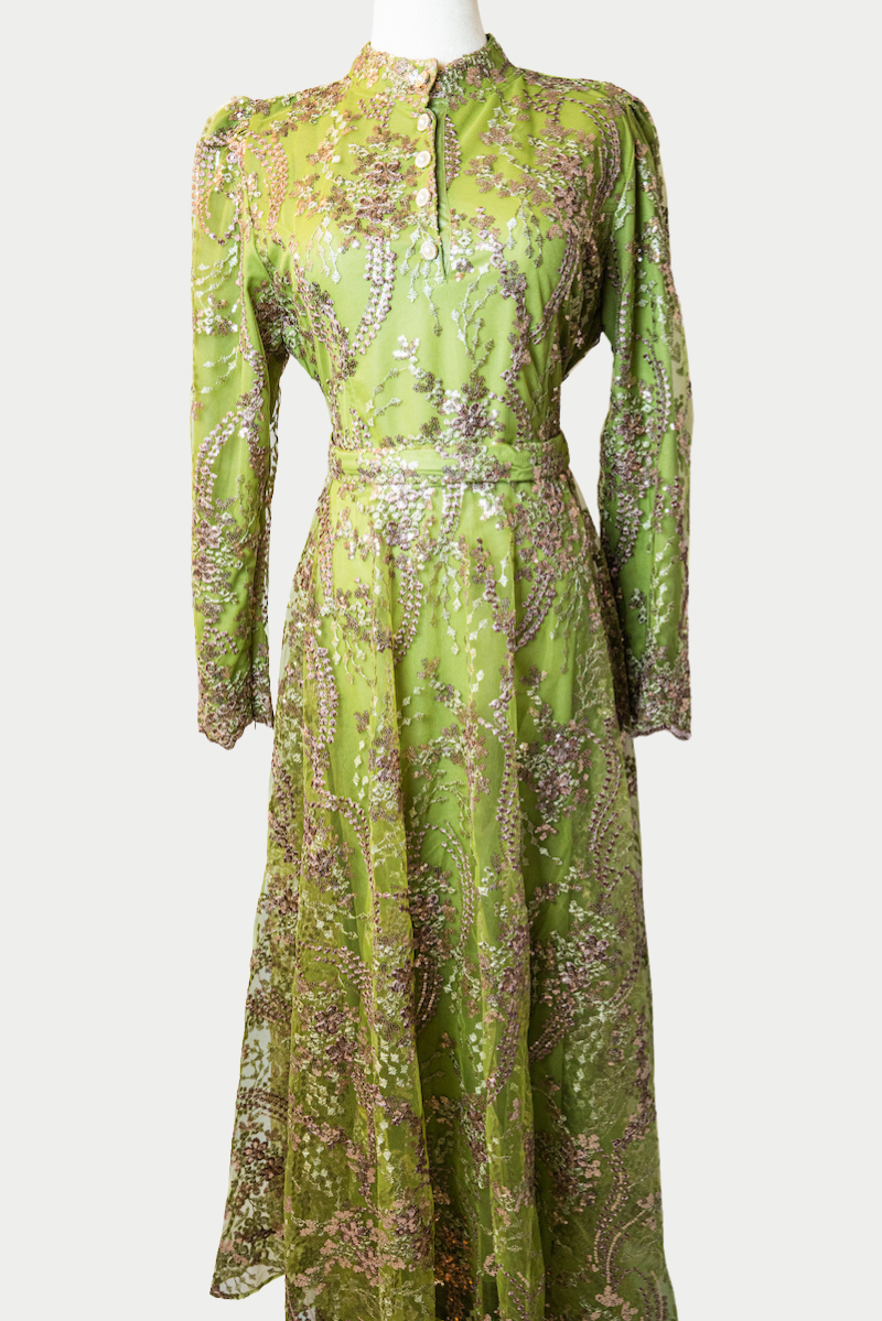 A stunning long dress in green with sequins and delicate golden embroidery. The dress has mandarin collar, long sleeves, and is fully lined. There are hidden zips at the back and sleeves for ease of wear. The design is hijabi-friendly for modesty and style. It also includes a size-adjustable belt for a customized fit.