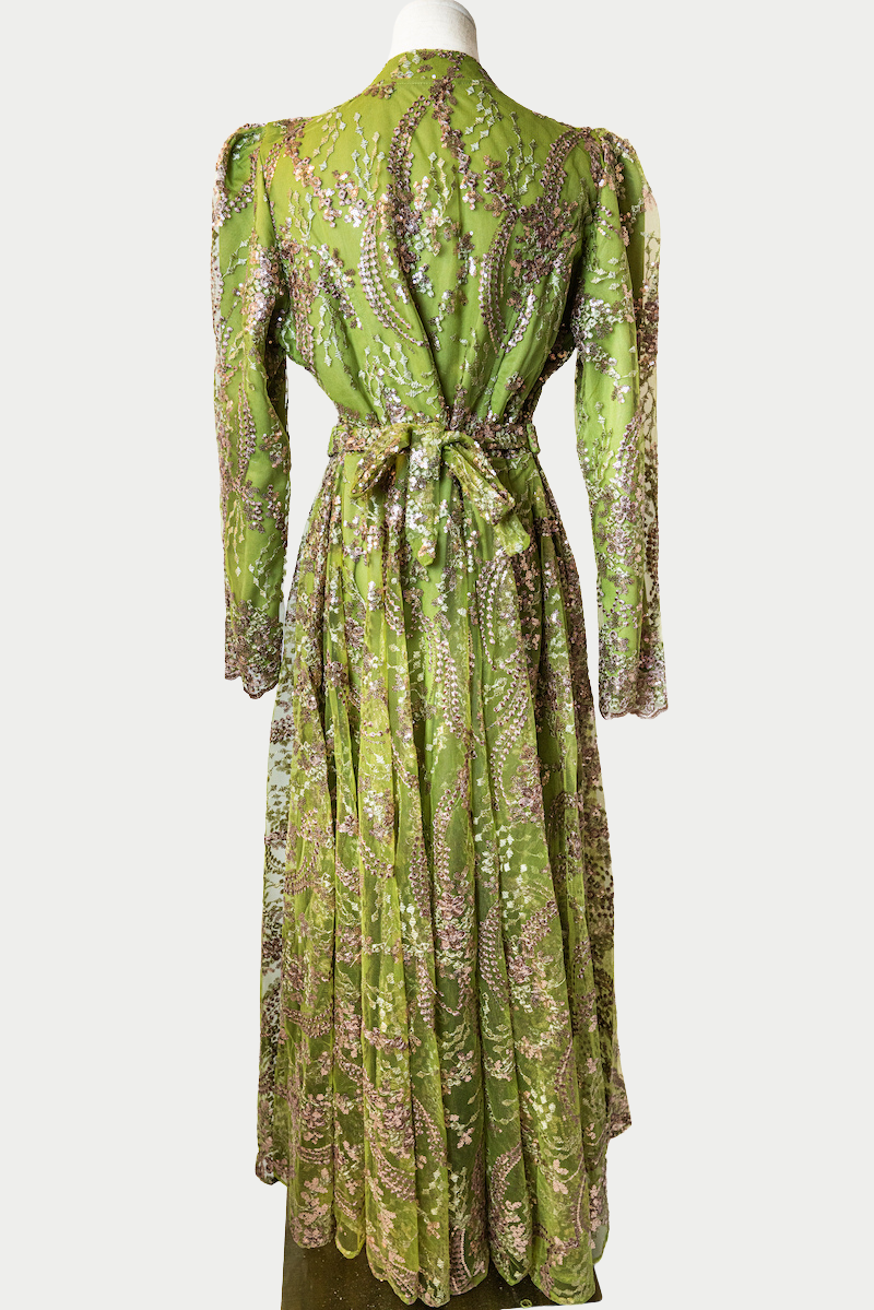 Buttoned Dress with Sequins and Golden Embroidery in Green