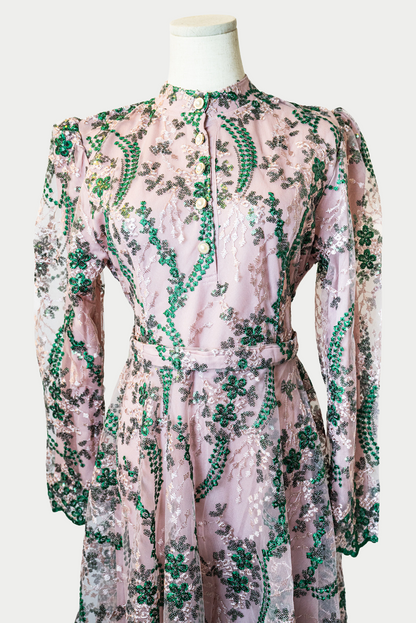 Buttoned Dress with Sequins and Green Embroidery in Pink