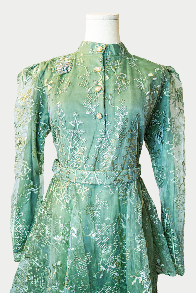Buttoned Lace Dress with Layers and Embroidery in Green