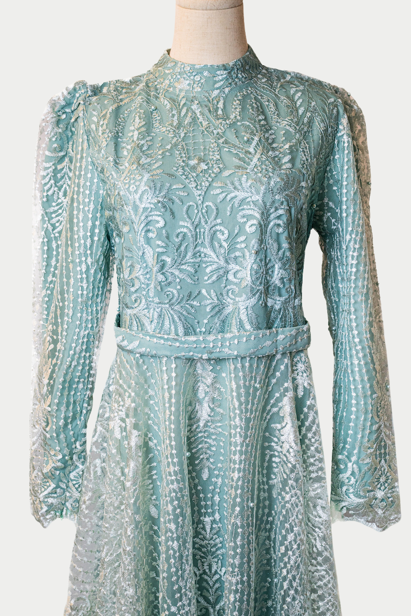 Embellished Dress with Pearls and Embroidery in Green