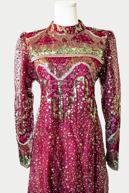 Lace Dress with Golden Sequins and Embroidery in Red