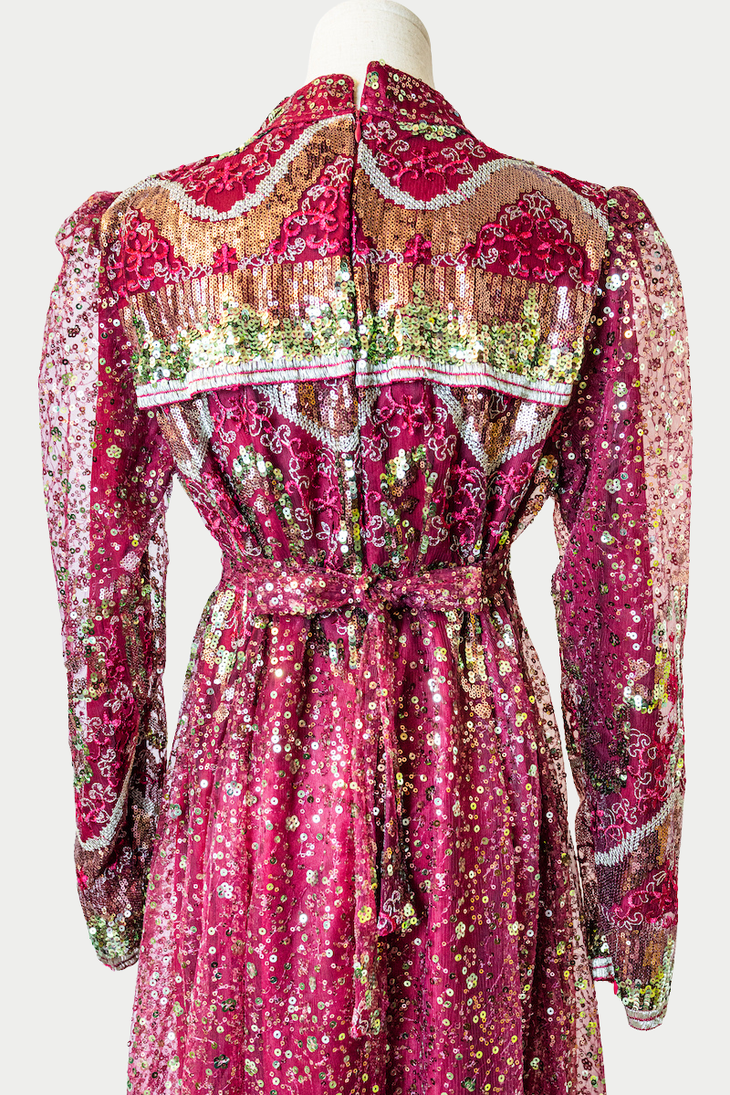Lace Dress with Golden Sequins and Embroidery in Red
