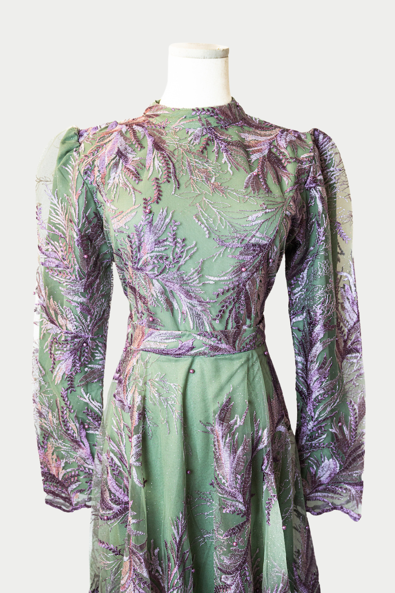 Lace Dress with Pearls and Purple Embroidery in Green