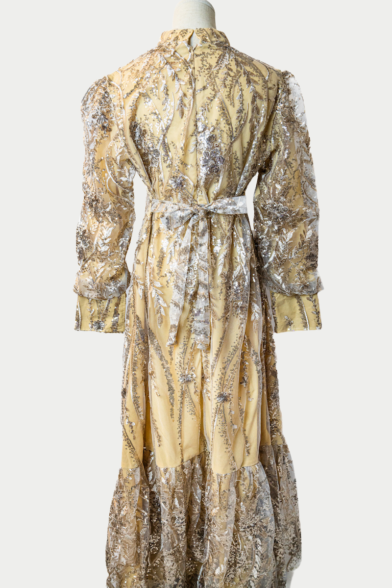 Lace Dress with Sequins and Banded Cuffs in Yellow