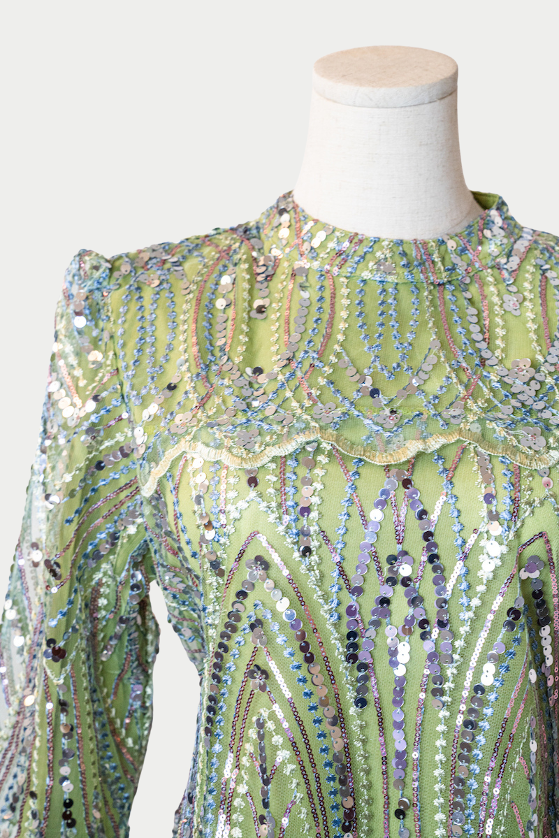 Lace Dress with Sequins and Embroidery in Green