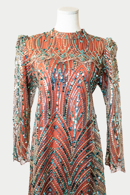Lace Dress with Sequins and Embroidery in Orange
