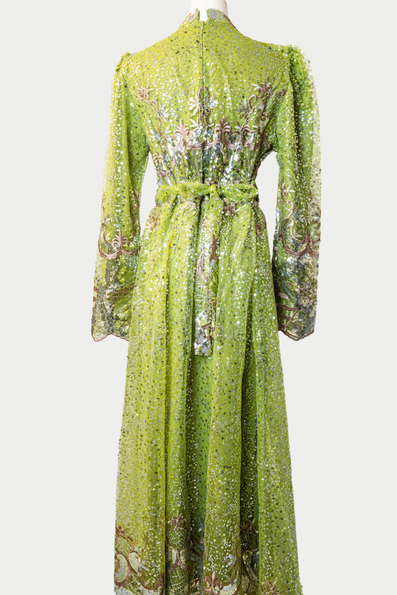 Lace Dress with Sequins and Golden Embroidery in Green
