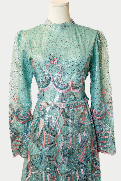 Lace Dress with Sequins and Pink Embroidery in Green
