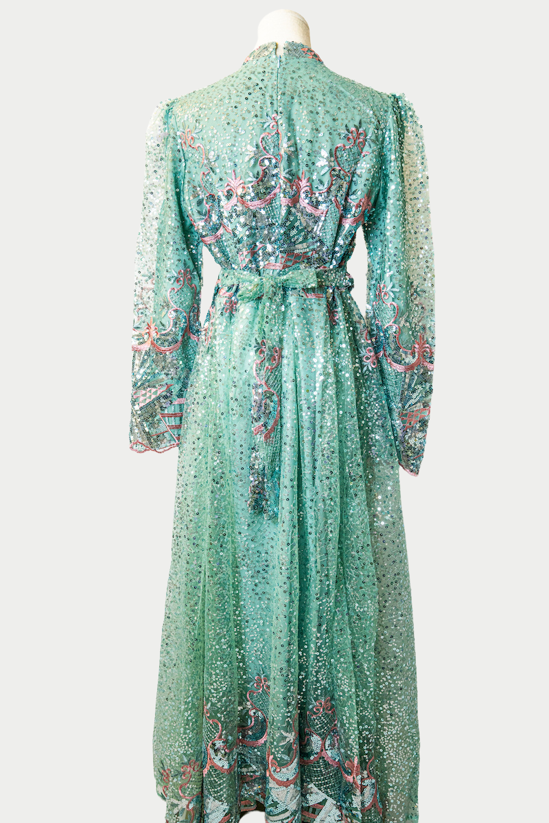 Lace Dress with Sequins and Pink Embroidery in Green