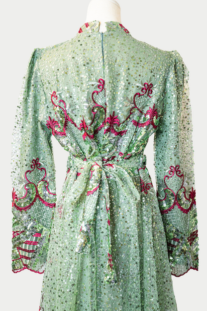 Lace Dress with Sequins and Red Embroidery in Green